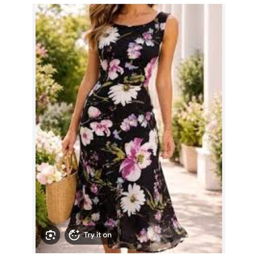 Vtg Talbots 100% Silk Floral Chiffon Midi Dress Sz 6 Sleeveless Belt Ruffled Hem